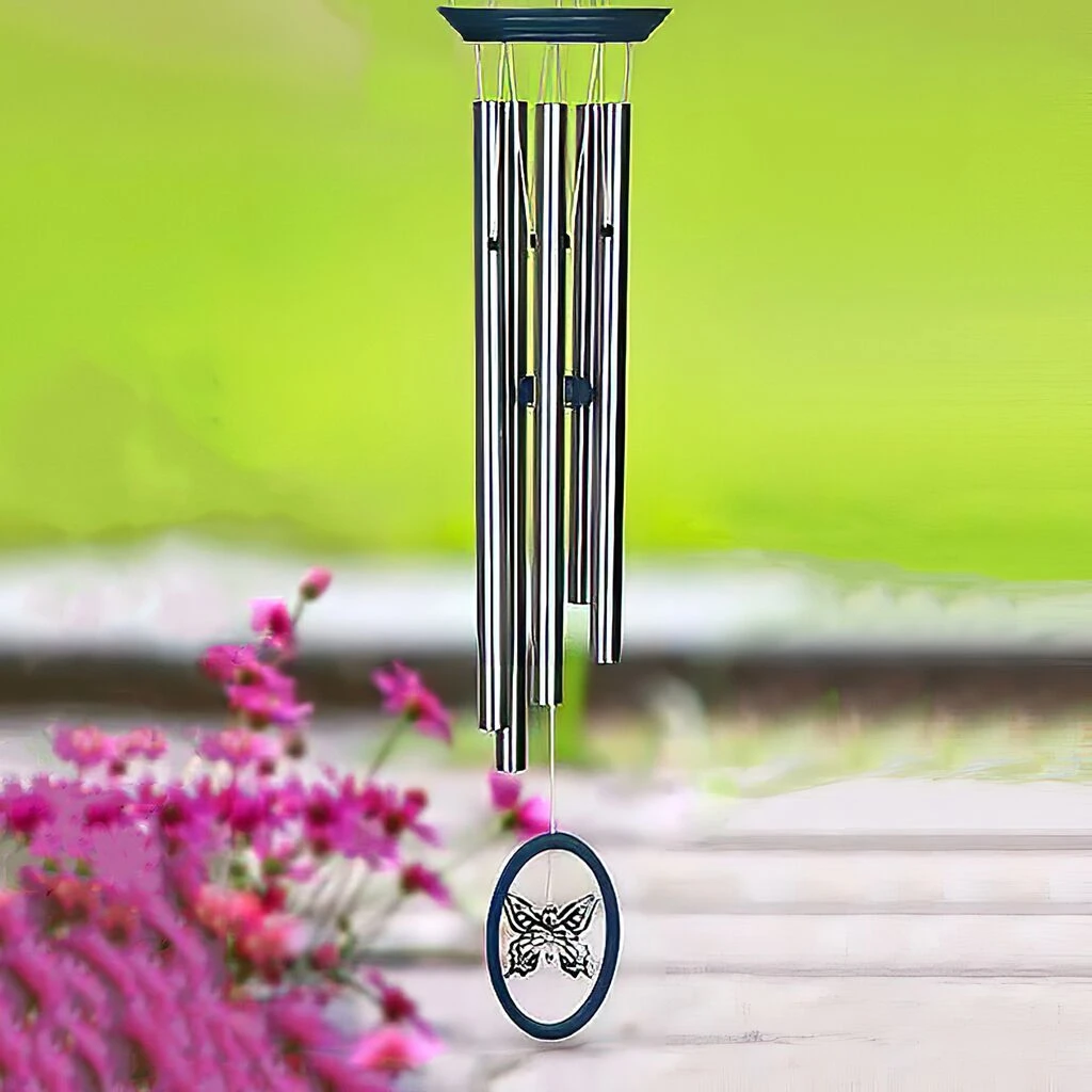 Großes Klangspiel Mit Silbernen Röhren & Eschenholz - Schmetterlingmotiv - Wind Fantasy Butterfly 1 Großes Klangspiel Mit Silbernen Röhren & Eschenholz - Schmetterlingmotiv - Wind Fantasy Butterfly
