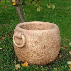 Pflanztopf Mit Rauer Oberfläche Und Griffen - Rundes Steinguss Gefäß - Kiveli