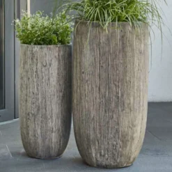 XXL 2er Set Vasen Aus Polystone - Rund - Grau Mit Holzstruktur-Optik - Zuri